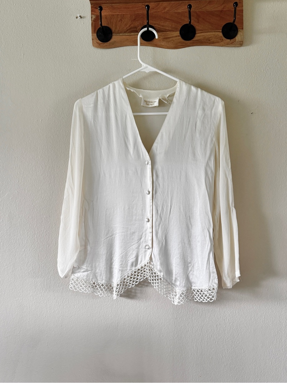 Vintage Victoria's Secret 100% Silk Lace Trim V-Neck Sleep Cardigan Ivory Size P